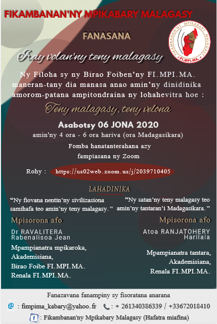 Iray volan’ny teny malagasy Asabotsy 6 jona 2020 @ 4 ora – 6 ora (ora madagasikara) Zoom