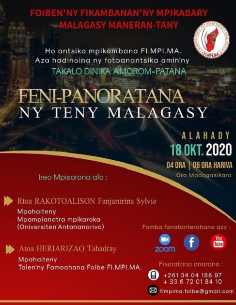 TDA FENI-PANORATANA NY TENY MALAGASY Alahady 18 oktobra 2020 @ 04ora – 06ora hariva  (ora Madagasikara )
