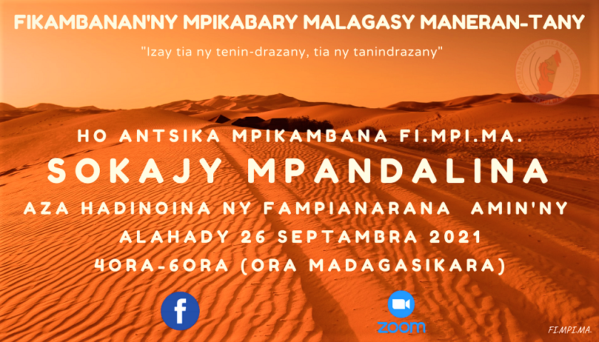 Fampianarana Sokajy Mpandalina alahady 26 septambra 2021 @ 4ora  – 6ora (Ora Madagasikara)